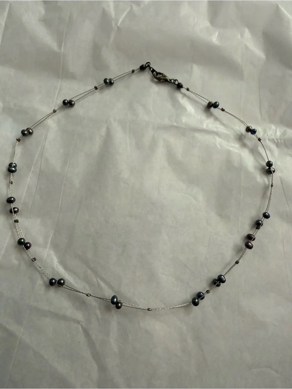 Delicate Black Pearl Station Necklace on Silver Chain